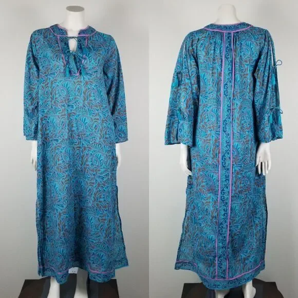 Cleobella Blue Bria Zuri Block Print Kaftan Midi Dress No Belt Size XS *Damaged - Picture 1 of 16